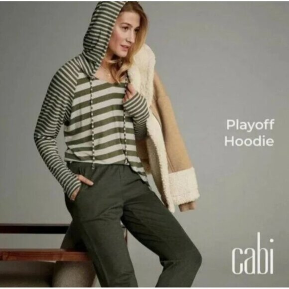 Cabi Playoff Hooded Blouse Lightweight Green and White Striped Hoodie Style 5731 - Picture 10 of 10